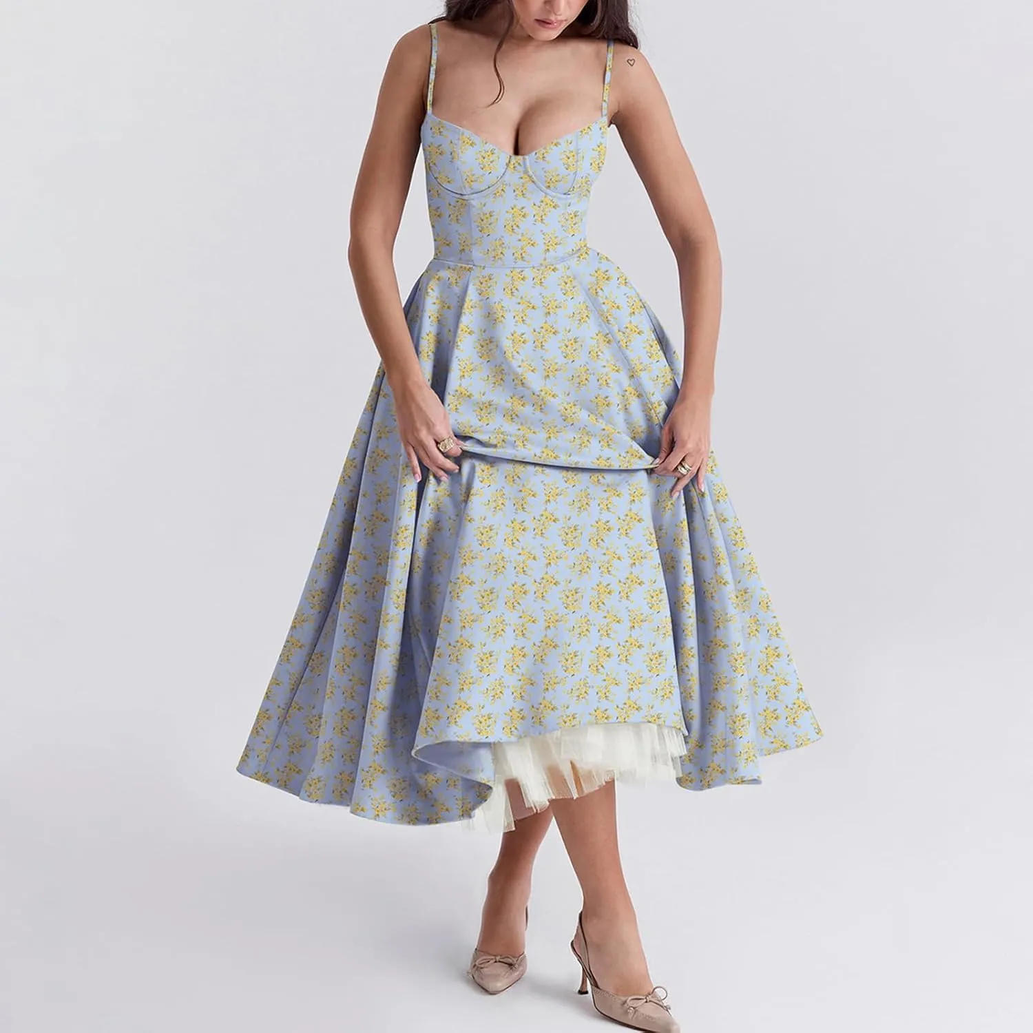 Women Floral Corset Dress Sleeveless Spaghetti Strap Bustier Midi Dress Low Cut Flowy Pleated Formal Party Dress