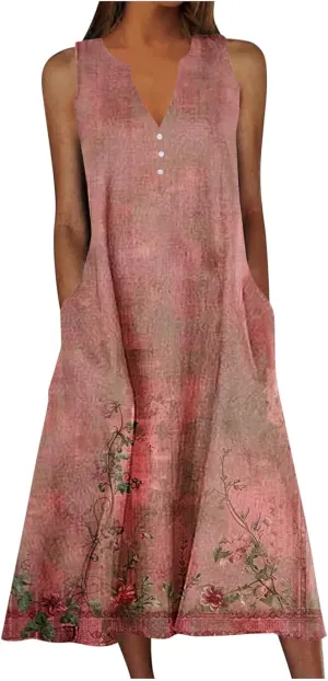 Women Floral Midi Dress with Pocket, 2025 Boho Summer Dresses V Neck Sleeveless Knee Length Sundress Beach Dress