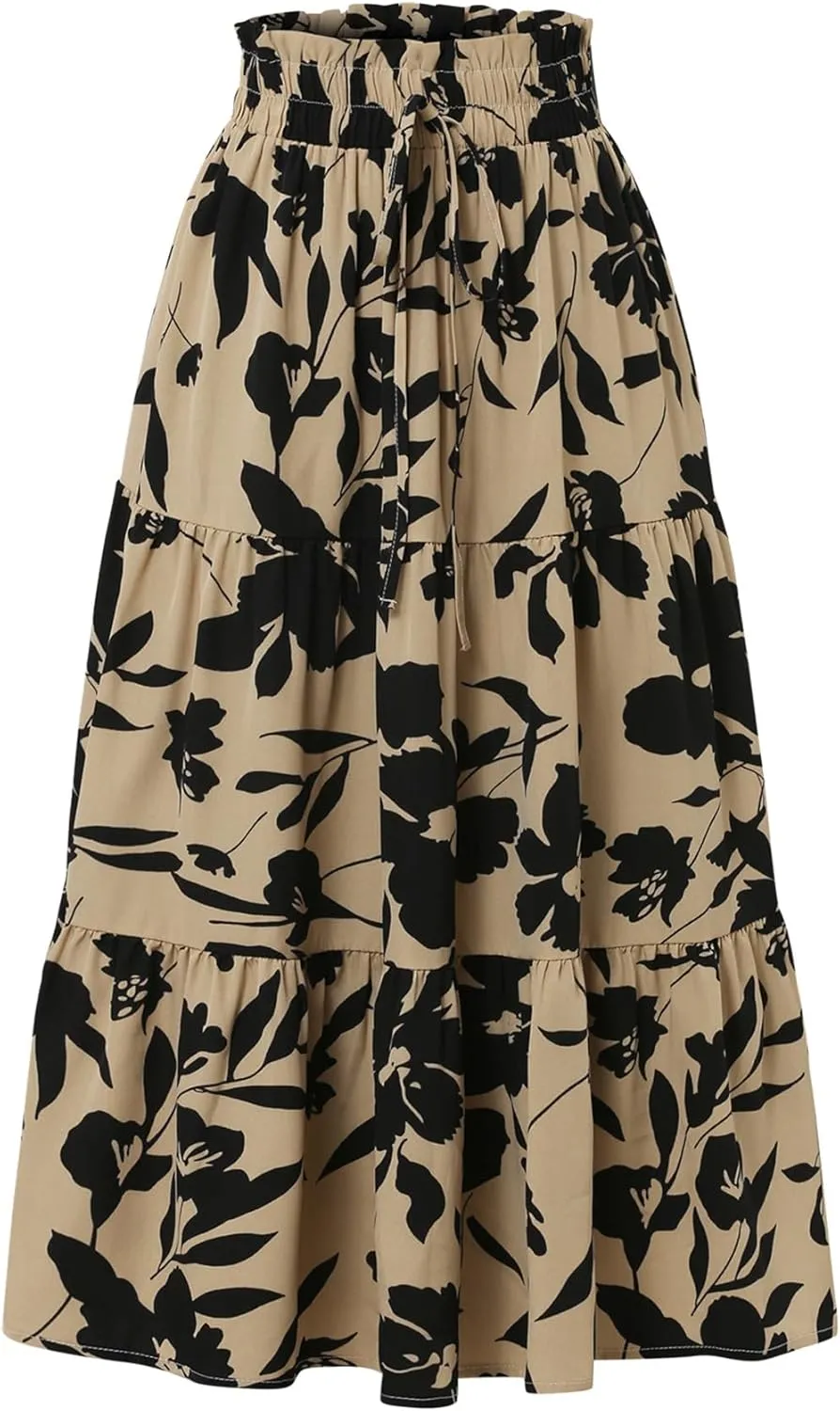Women Floral Midi Skirt Aline Pleated Long Skirt Summer Boho Skirt