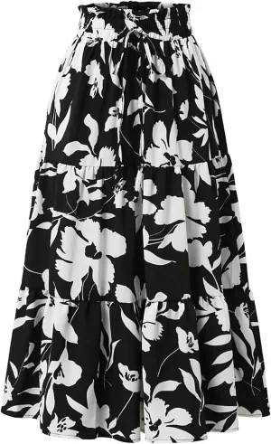 Women Floral Midi Skirt Aline Pleated Long Skirt Summer Boho Skirt
