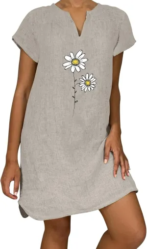 Women Linen Mini Dress Summer Trendy Casual Floral Sundresses 2025 Beach Vacation Travel Comfy Cap Sleeve Tshirt Dresses