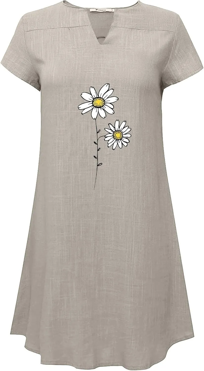 Women Linen Mini Dress Summer Trendy Casual Floral Sundresses 2025 Beach Vacation Travel Comfy Cap Sleeve Tshirt Dresses