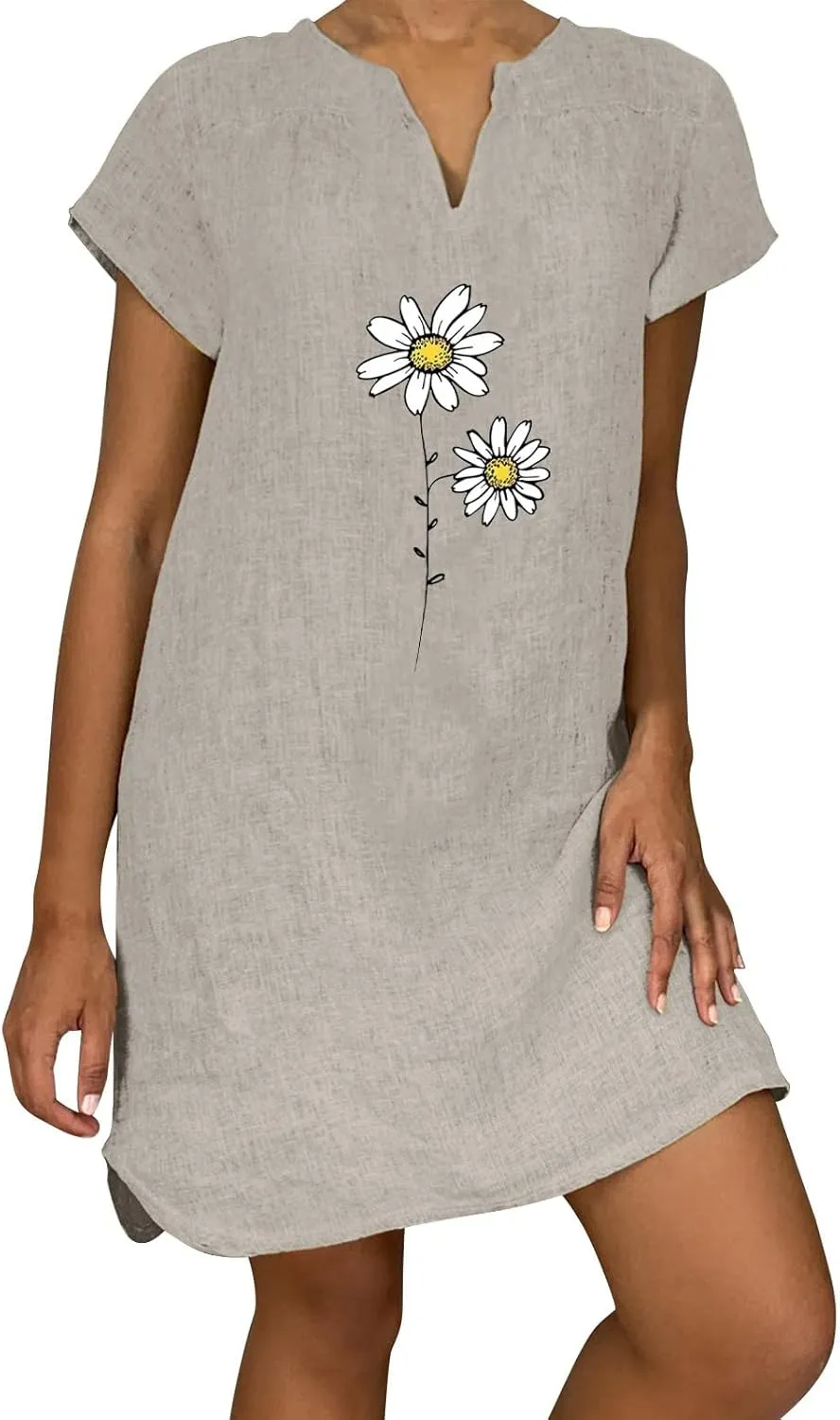 Women Linen Mini Dress Summer Trendy Casual Floral Sundresses 2025 Beach Vacation Travel Comfy Cap Sleeve Tshirt Dresses