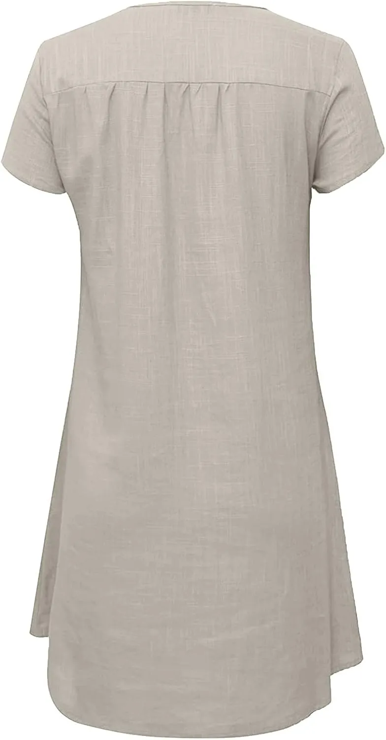 Women Linen Mini Dress Summer Trendy Casual Floral Sundresses 2025 Beach Vacation Travel Comfy Cap Sleeve Tshirt Dresses