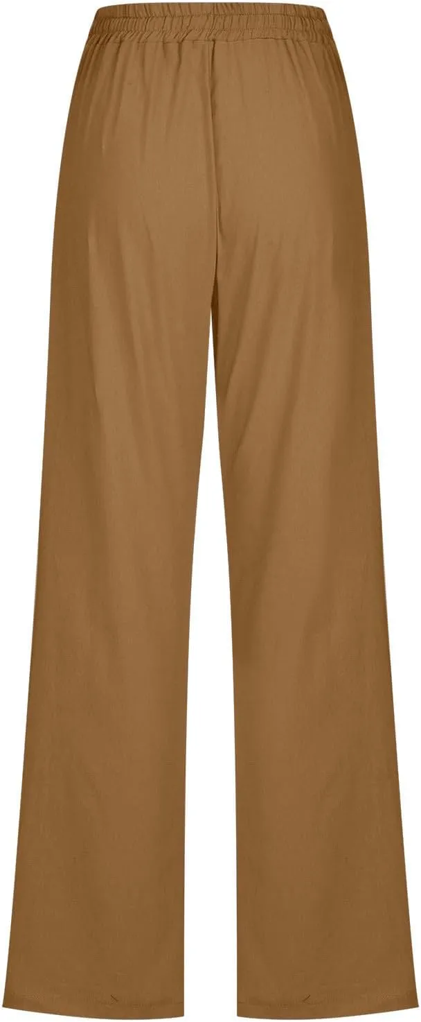 Women Linen Pant Straight Leg Drawstrings High Waist Trousers 2025 Summer Casual Lightweight Breathable Joggers Pants