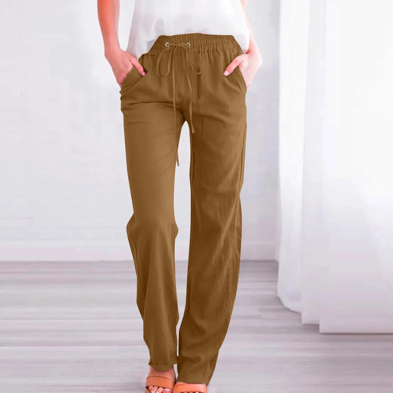 Women Linen Pant Straight Leg Drawstrings High Waist Trousers 2025 Summer Casual Lightweight Breathable Joggers Pants