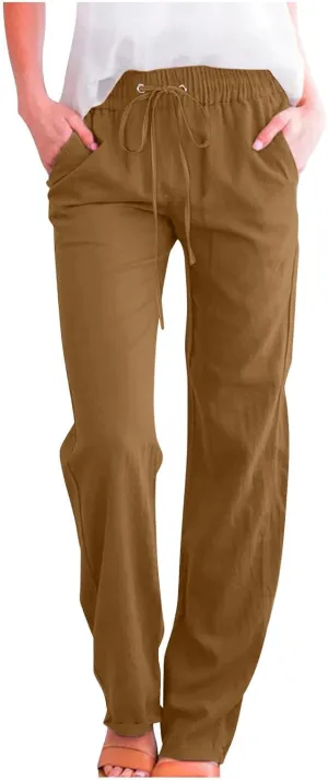Women Linen Pant Straight Leg Drawstrings High Waist Trousers 2025 Summer Casual Lightweight Breathable Joggers Pants