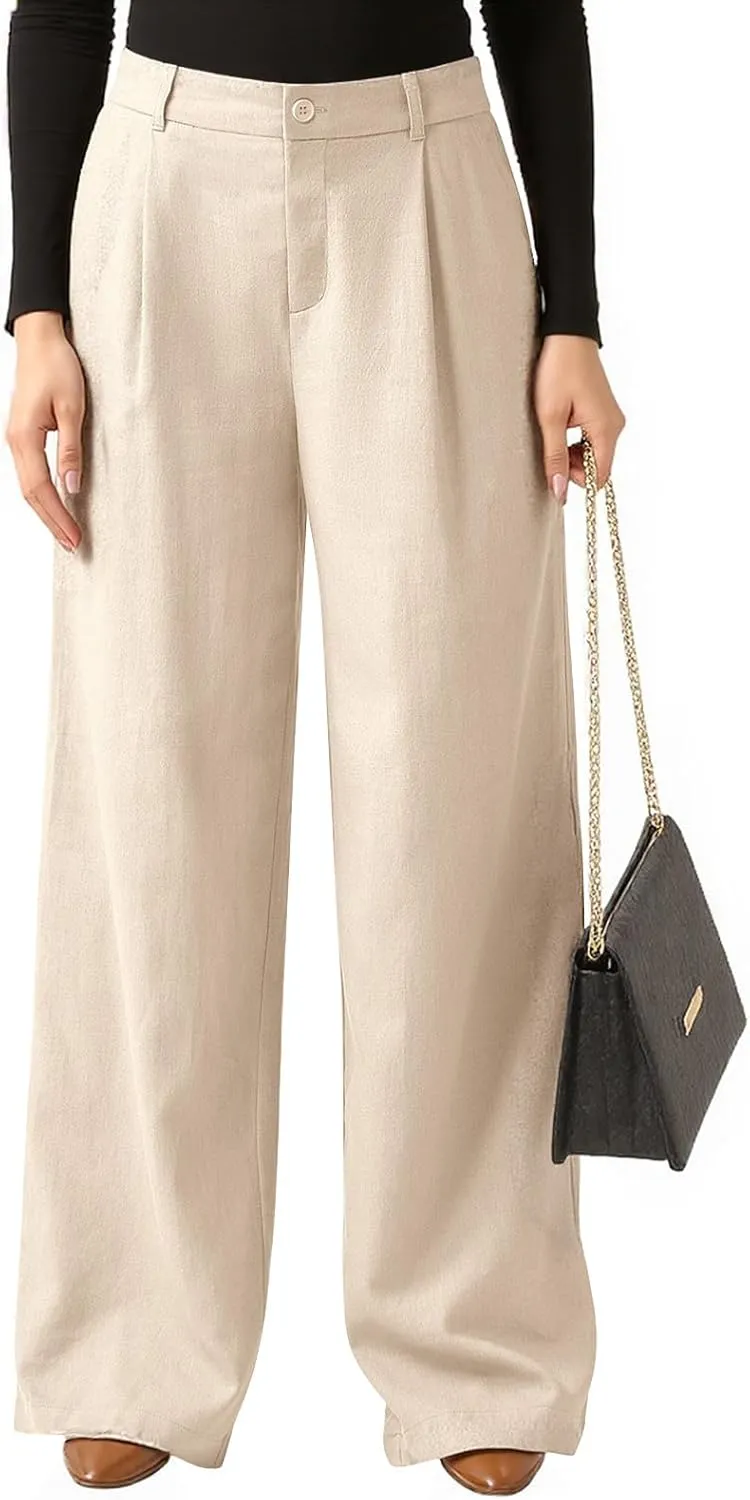 Women Linen Pants Summer Wide Leg Dress Pants High Waisted Button Down Work Pant Boho Palazzo Pant with Pockets