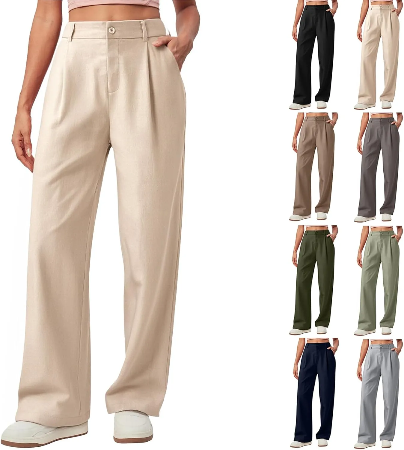 Women Linen Pants Summer Wide Leg Dress Pants High Waisted Button Down Work Pant Boho Palazzo Pant with Pockets
