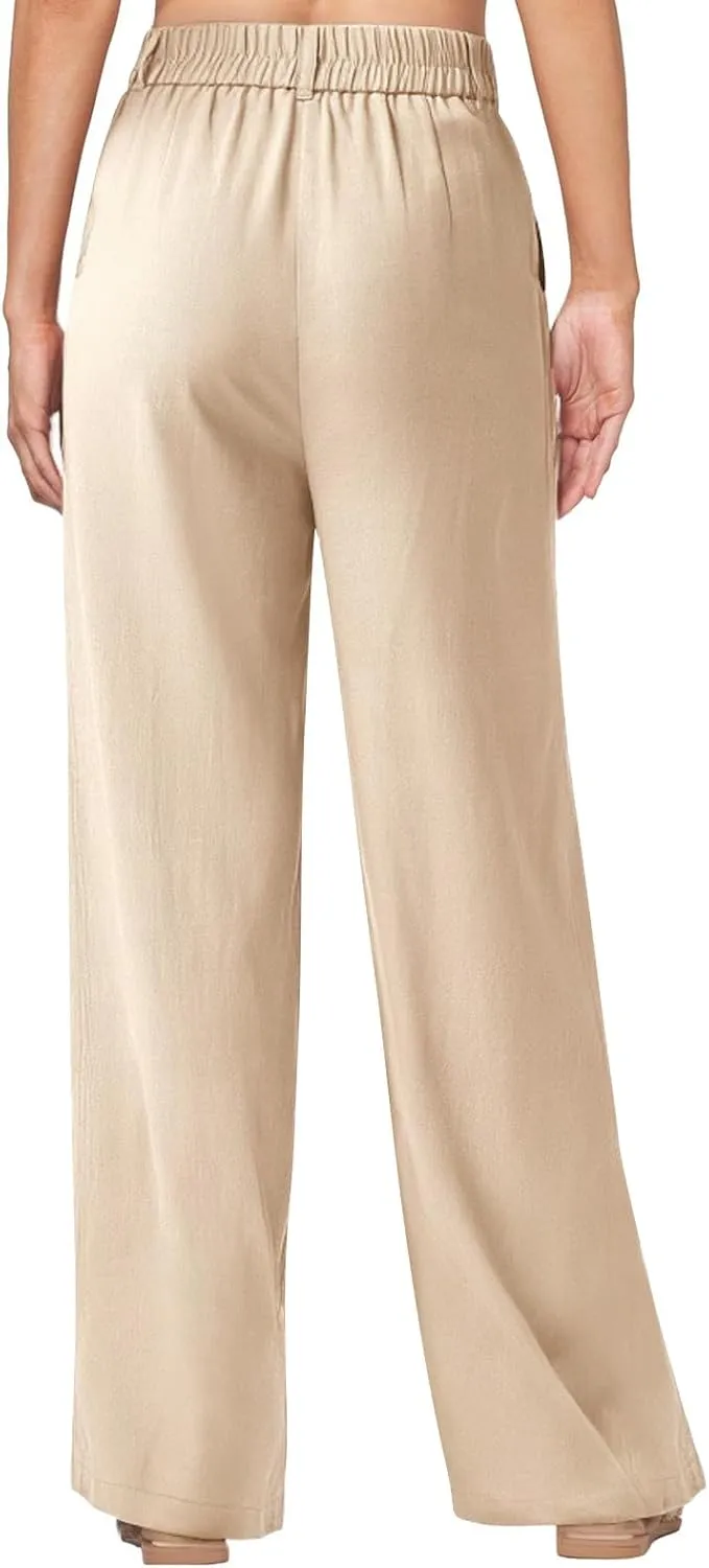 Women Linen Pants Summer Wide Leg Dress Pants High Waisted Button Down Work Pant Boho Palazzo Pant with Pockets