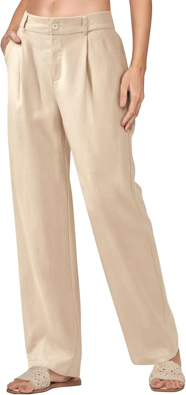 Women Linen Pants Summer Wide Leg Dress Pants High Waisted Button Down Work Pant Boho Palazzo Pant with Pockets