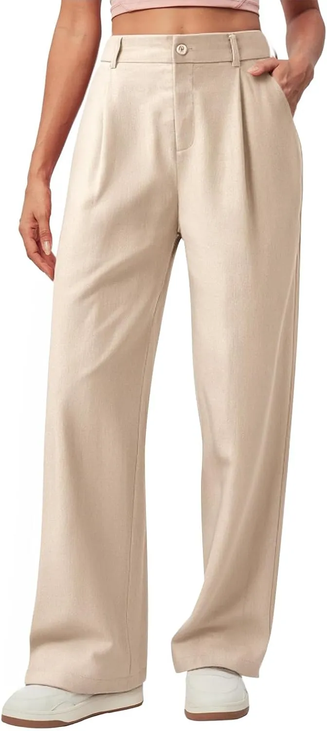 Women Linen Pants Summer Wide Leg Dress Pants High Waisted Button Down Work Pant Boho Palazzo Pant with Pockets