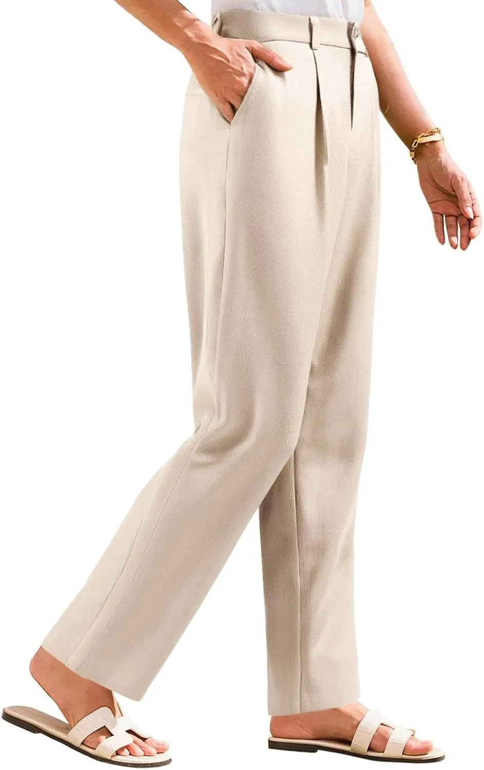 Women Linen Pants Summer Wide Leg Dress Pants High Waisted Button Down Work Pant Boho Palazzo Pant with Pockets