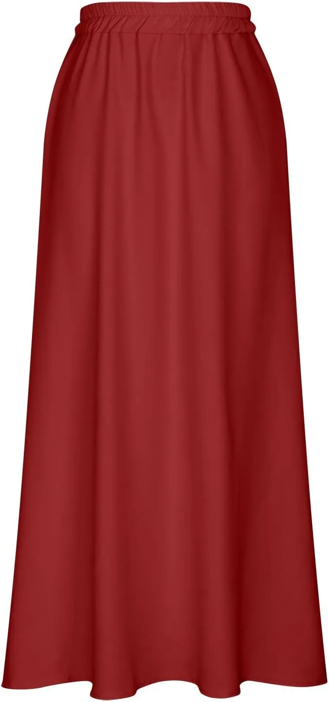 Women Midi Skirt Vintage High Waist Pleated Skirt With Pockets Swing A-Line Maxi Dress Vintage Flowy Flared Long Skirts
