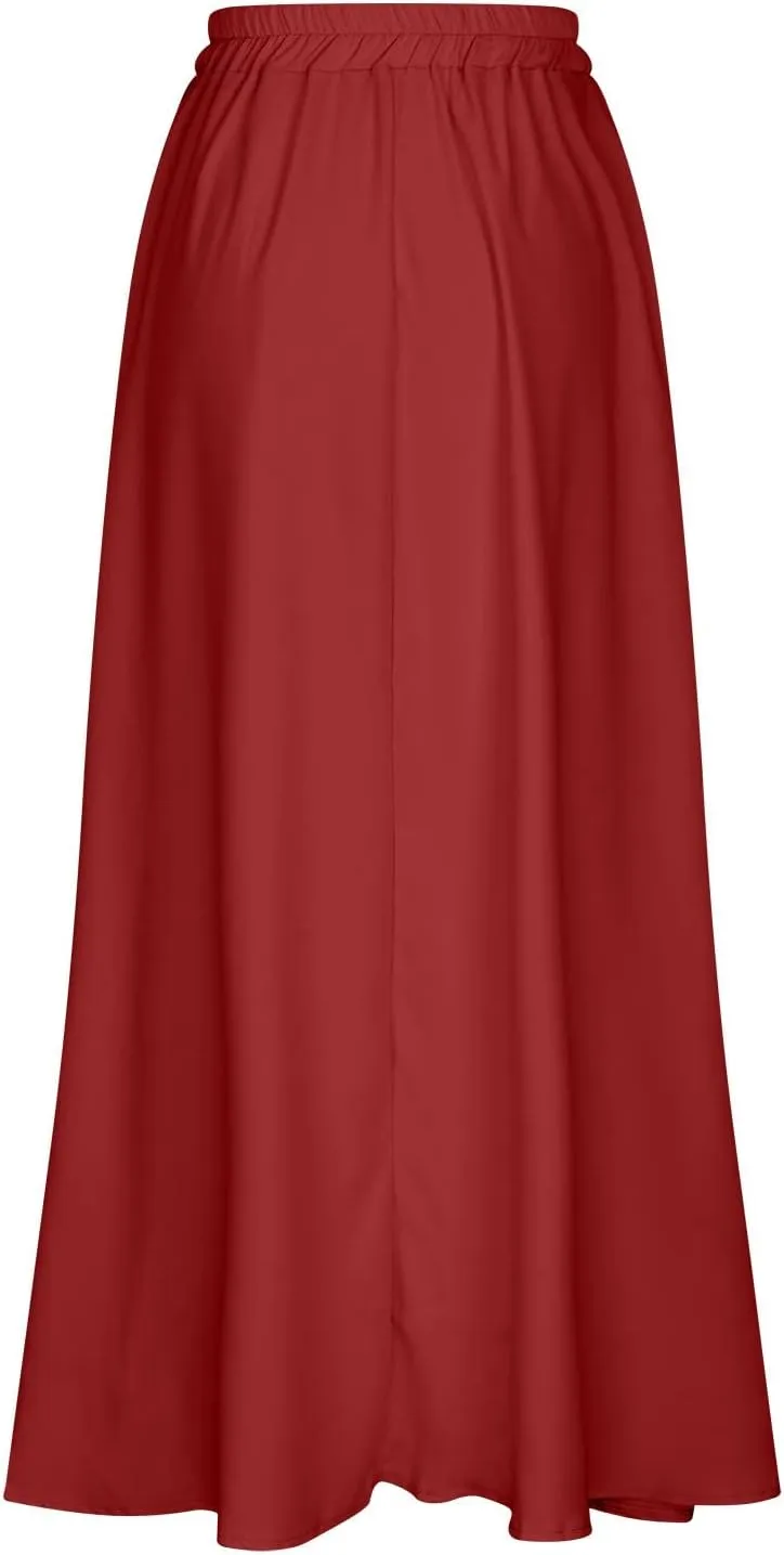 Women Midi Skirt Vintage High Waist Pleated Skirt With Pockets Swing A-Line Maxi Dress Vintage Flowy Flared Long Skirts