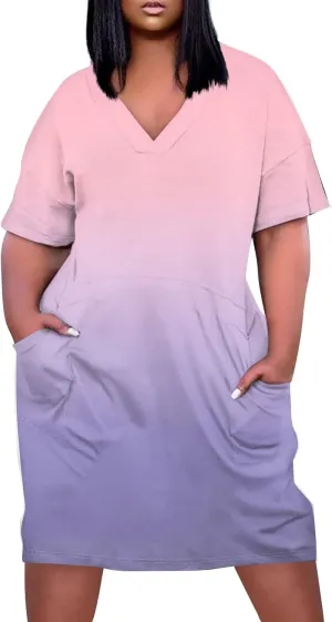 Women Plus Size Hawaiian Dress Summer V Neck Short Sleeve Gradient Print Midi T Shirt Dresses with Pockets, L-5XL