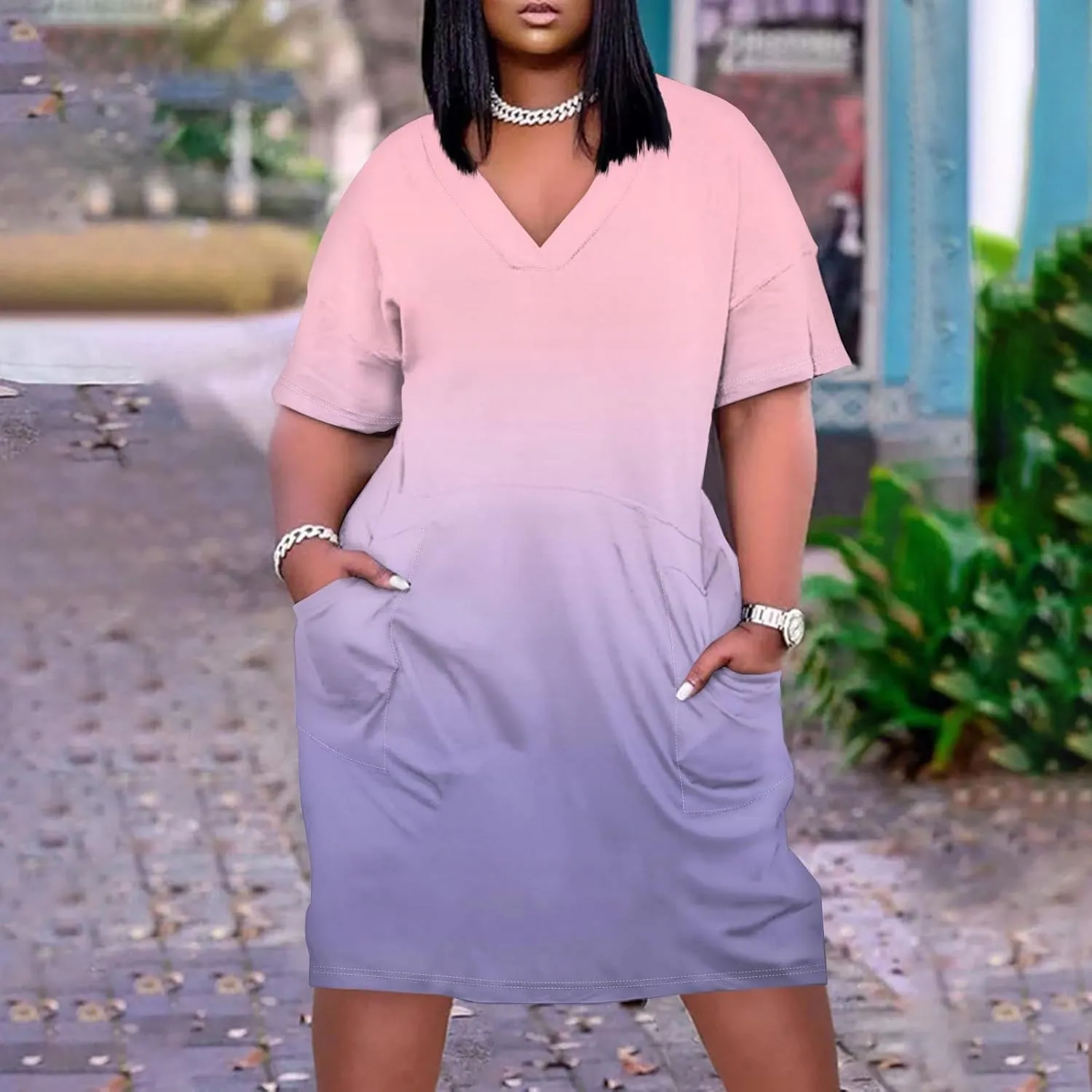 Women Plus Size Hawaiian Dress Summer V Neck Short Sleeve Gradient Print Midi T Shirt Dresses with Pockets, L-5XL