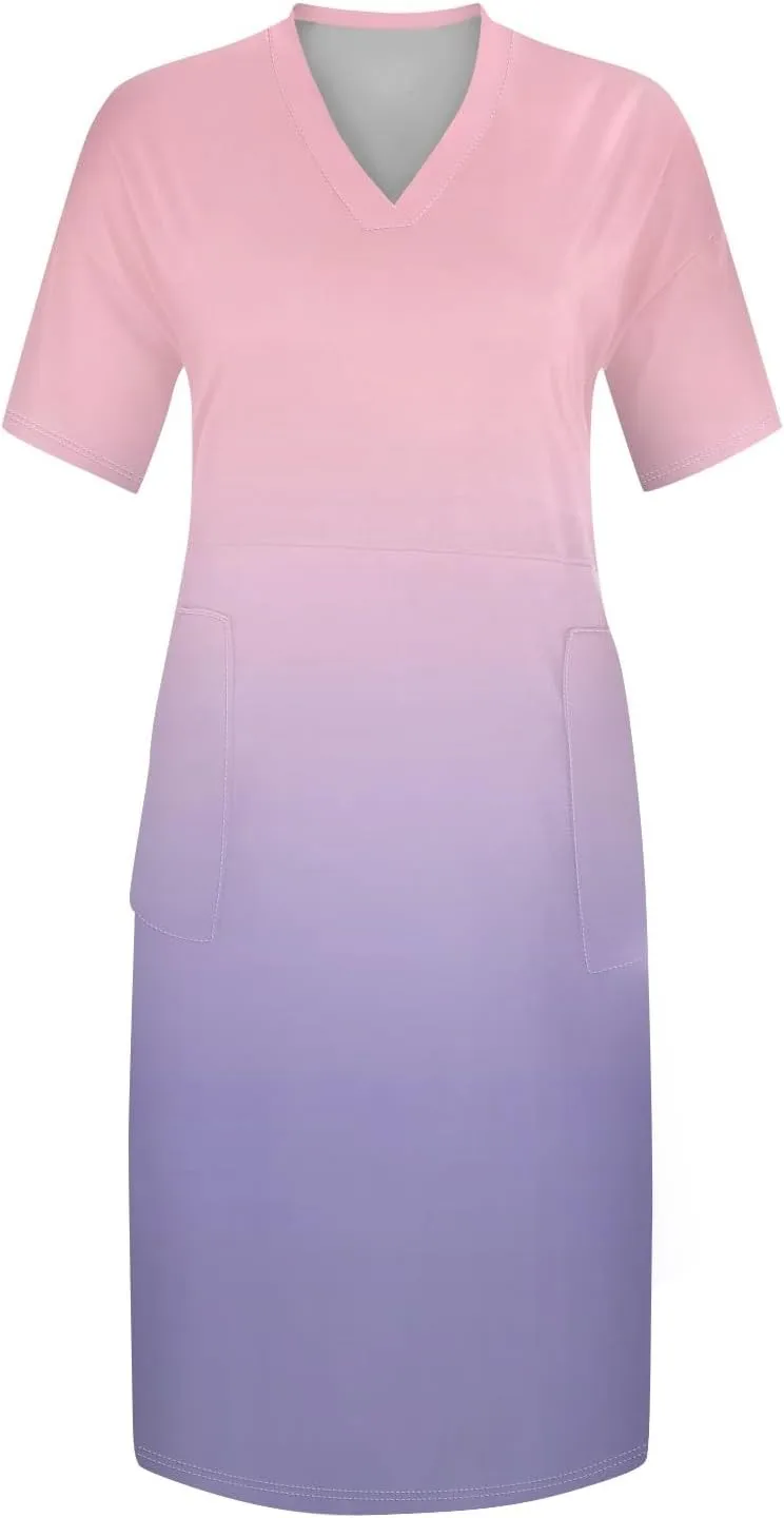 Women Plus Size Hawaiian Dress Summer V Neck Short Sleeve Gradient Print Midi T Shirt Dresses with Pockets, L-5XL