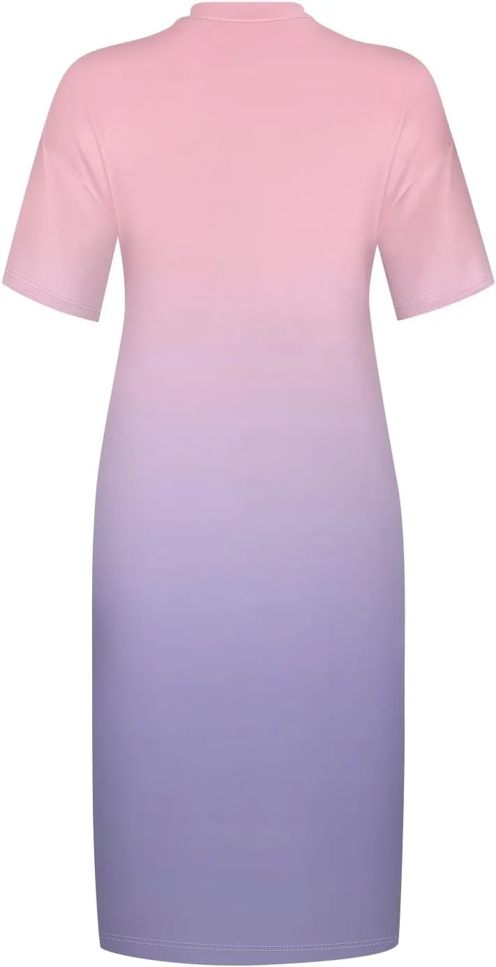 Women Plus Size Hawaiian Dress Summer V Neck Short Sleeve Gradient Print Midi T Shirt Dresses with Pockets, L-5XL