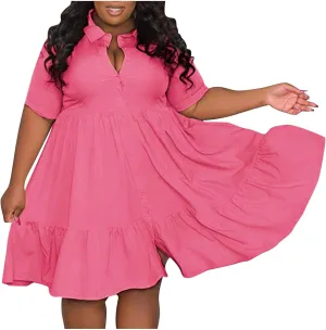 Women Plus Size Summer Dresses Fashion Single Breasted Lapels Short Sleeve Sundress Casual A Line Dresses
