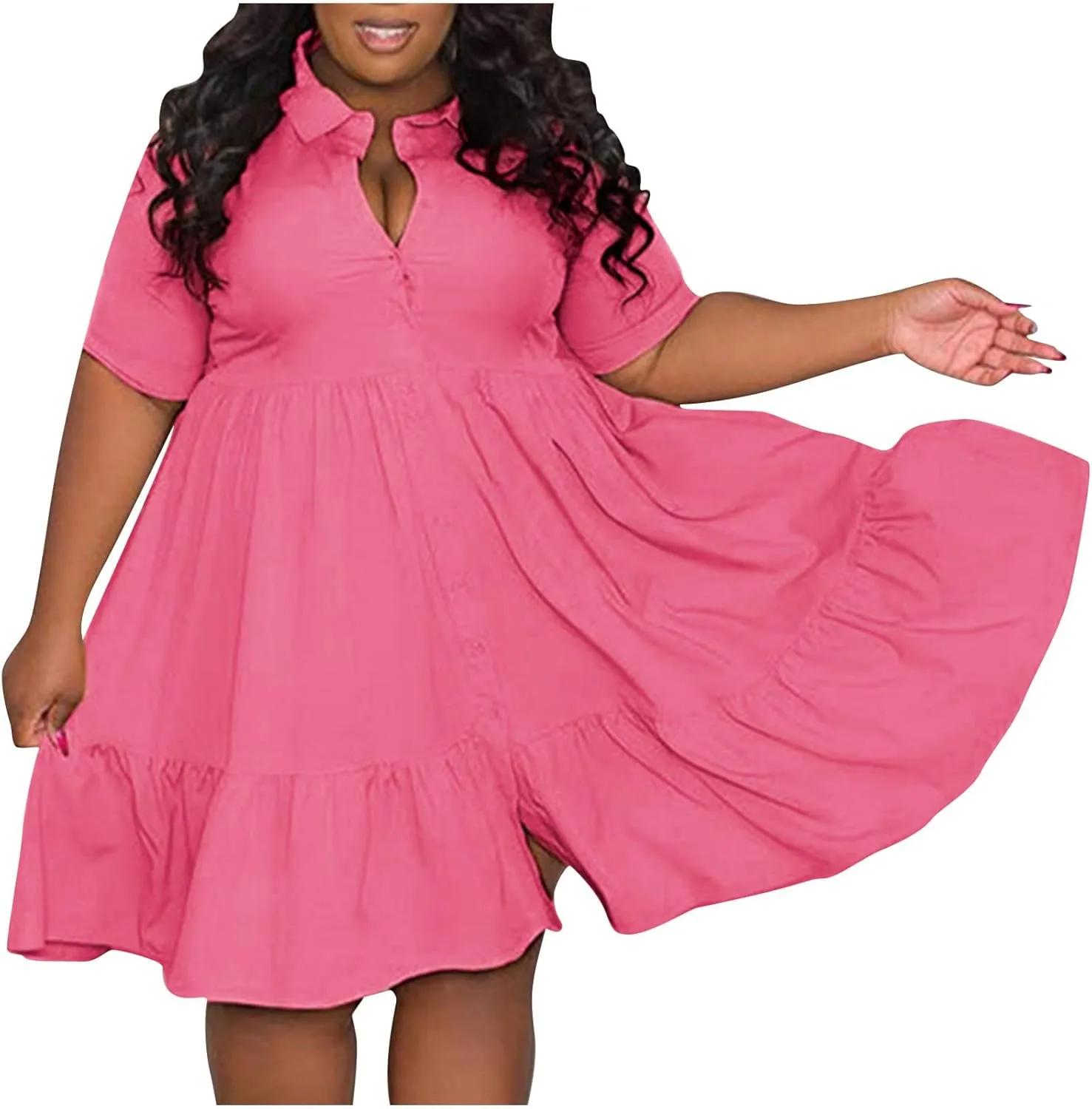 Women Plus Size Summer Dresses Fashion Single Breasted Lapels Short Sleeve Sundress Casual A Line Dresses