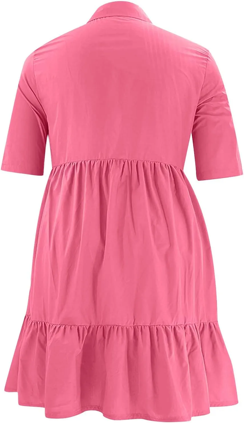 Women Plus Size Summer Dresses Fashion Single Breasted Lapels Short Sleeve Sundress Casual A Line Dresses
