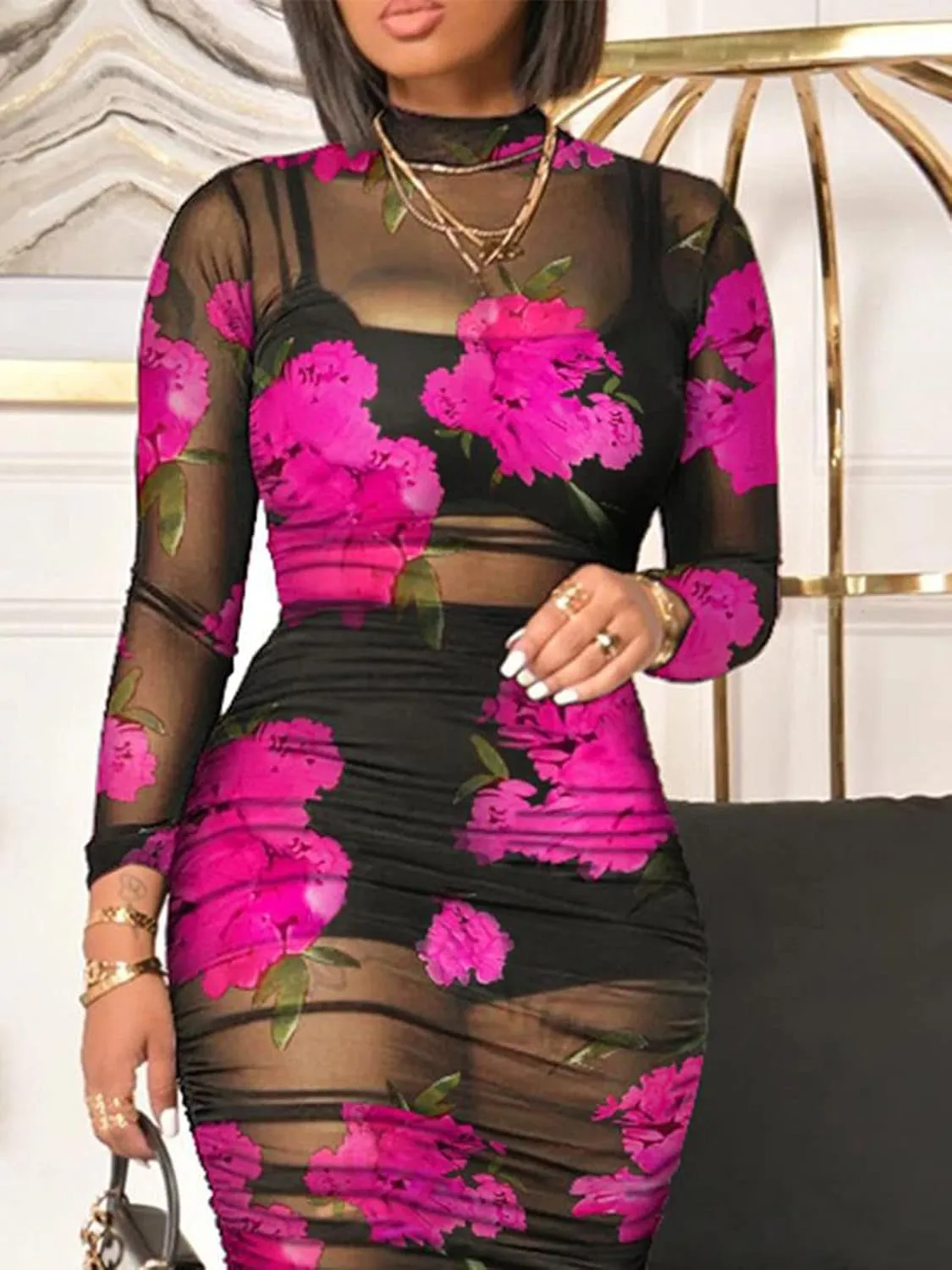 Women Sexy 3 Piece Outfits Set See Through Print Long Sleeve Midi Dress Sheer Mesh Crop Tank Tops Bodycon Skirt