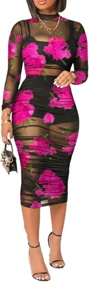 Women Sexy 3 Piece Outfits Set See Through Print Long Sleeve Midi Dress Sheer Mesh Crop Tank Tops Bodycon Skirt