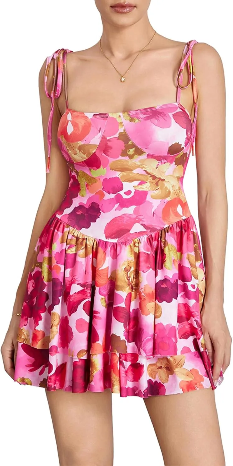 Women Sleeveless Mini Dress Spaghetti Strap Floral Print Ruffle Hem Dress Summer Beach Dress