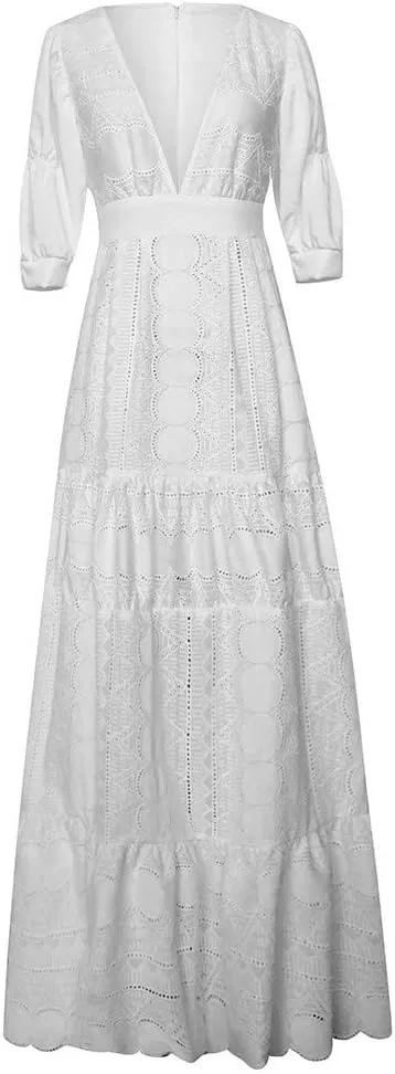 Women Summer Deep V Puff Sleeve Lace Dress Hollow Long Skirt Dress Ruffles Women