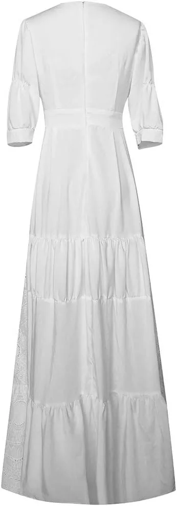 Women Summer Deep V Puff Sleeve Lace Dress Hollow Long Skirt Dress Ruffles Women