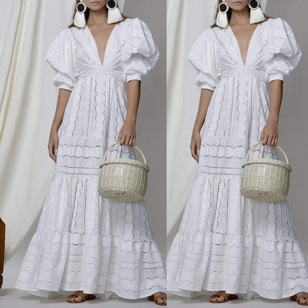 Women Summer Deep V Puff Sleeve Lace Dress Hollow Long Skirt Dress Ruffles Women