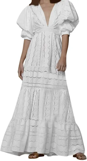 Women Summer Deep V Puff Sleeve Lace Dress Hollow Long Skirt Dress Ruffles Women