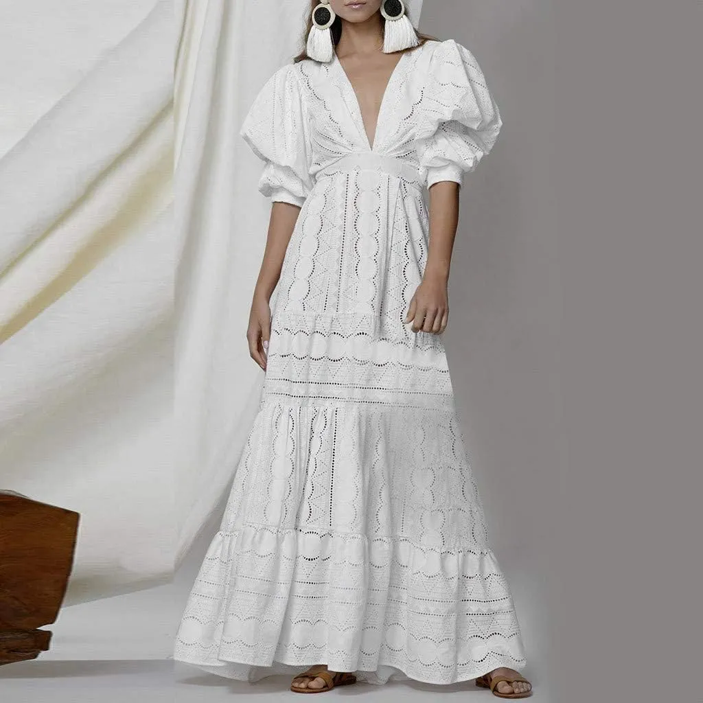 Women Summer Deep V Puff Sleeve Lace Dress Hollow Long Skirt Dress Ruffles Women