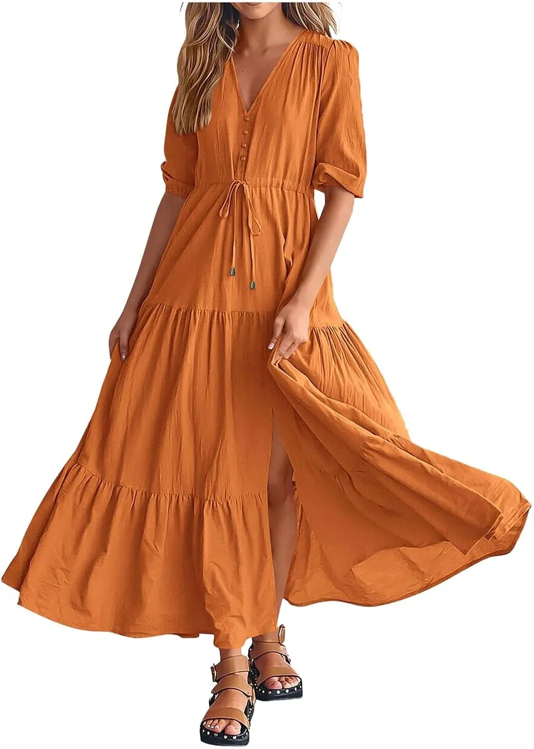 Women Summer Dresses Casual Short Sleeve Maxi Dress V Neck Split Long Beach Dress Button Drawstring Vacation Sundress