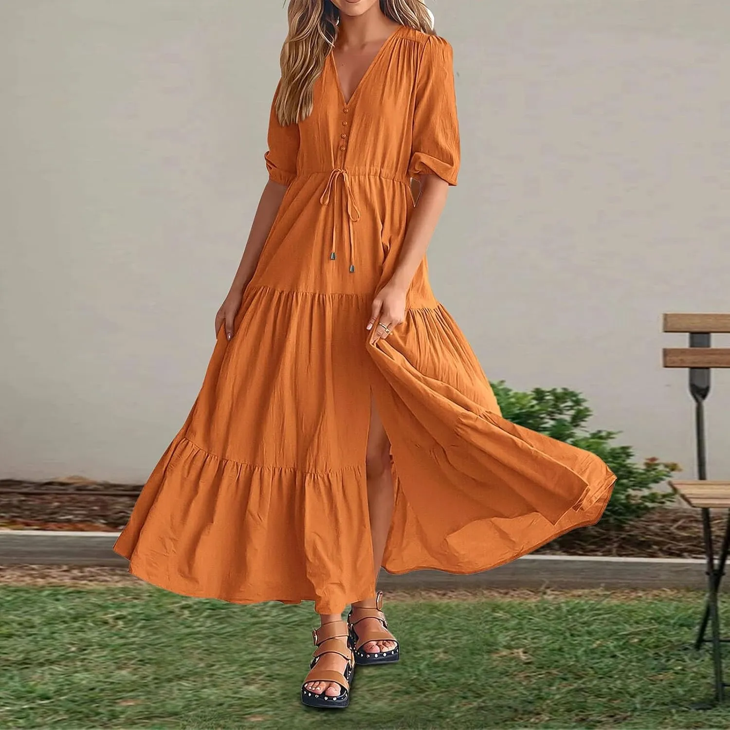 Women Summer Dresses Casual Short Sleeve Maxi Dress V Neck Split Long Beach Dress Button Drawstring Vacation Sundress