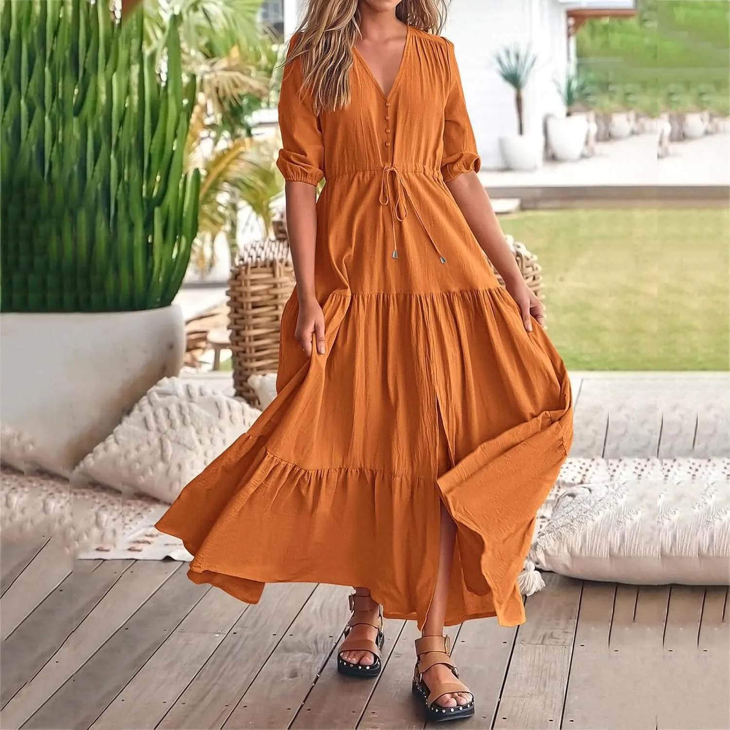 Women Summer Dresses Casual Short Sleeve Maxi Dress V Neck Split Long Beach Dress Button Drawstring Vacation Sundress