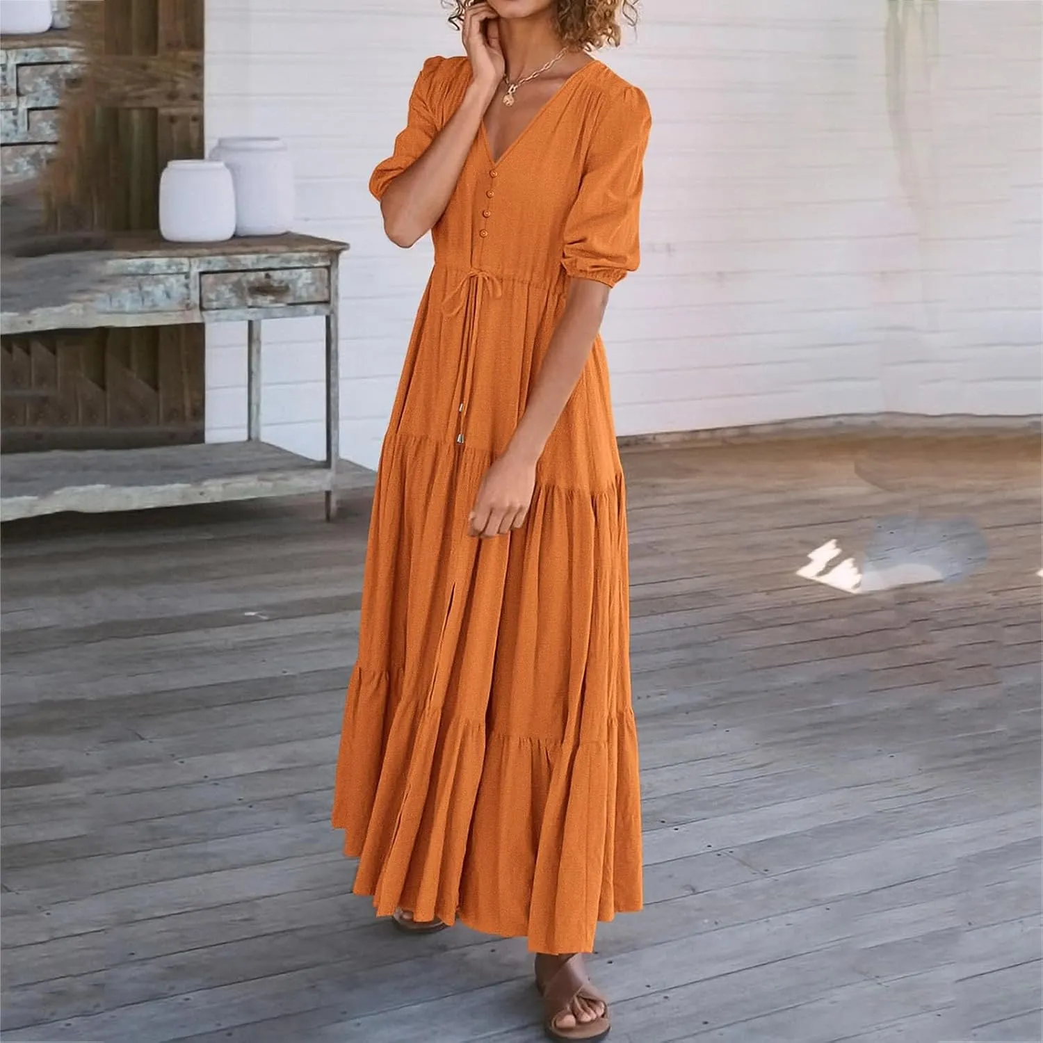 Women Summer Dresses Casual Short Sleeve Maxi Dress V Neck Split Long Beach Dress Button Drawstring Vacation Sundress