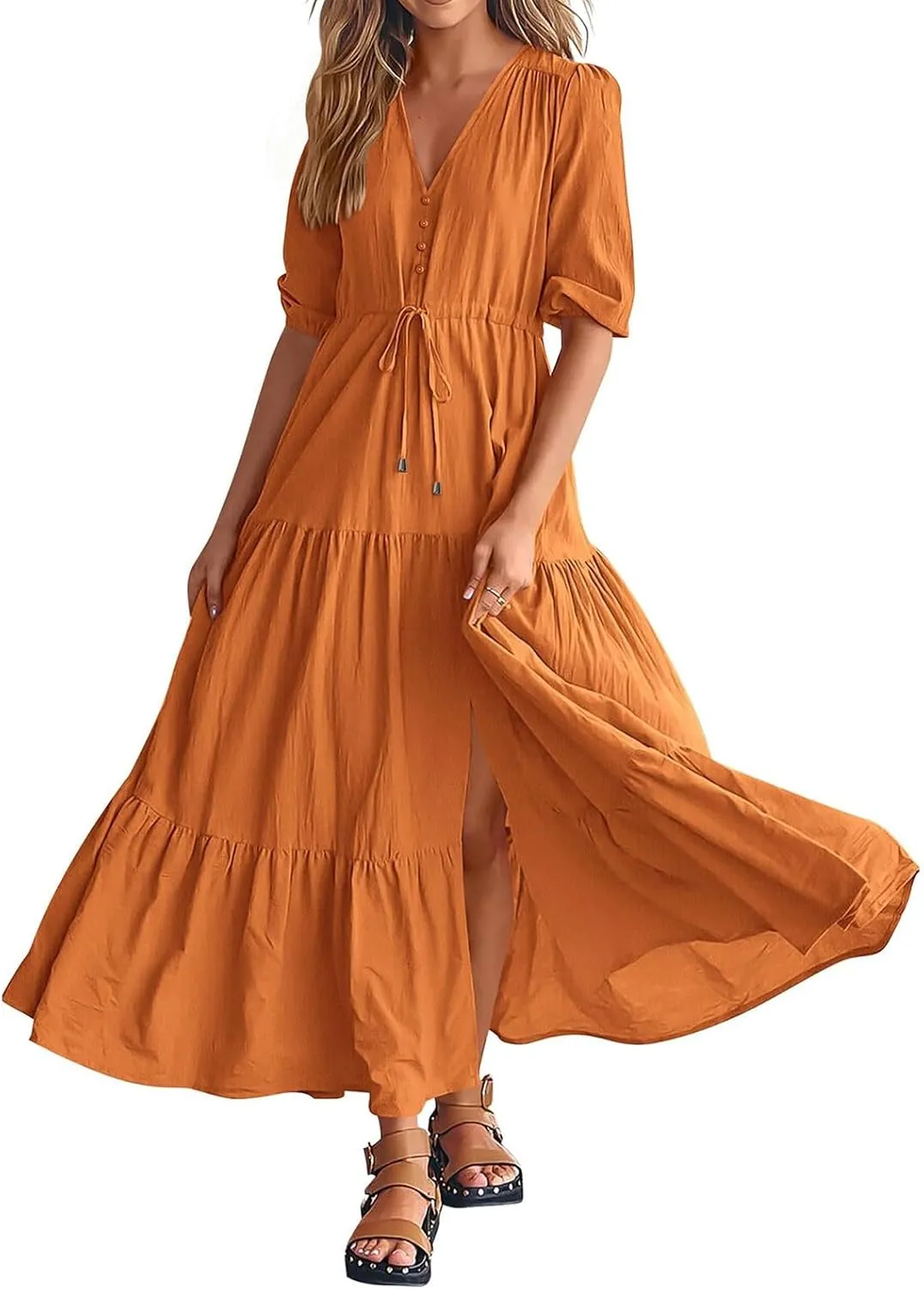 Women Summer Dresses Casual Short Sleeve Maxi Dress V Neck Split Long Beach Dress Button Drawstring Vacation Sundress