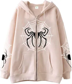 Women Zip Up Y2k Oversized Hoodie Spider Graphic Full Zipper Sweatshirt Teen Girls Grunge Streetwear Jacket
