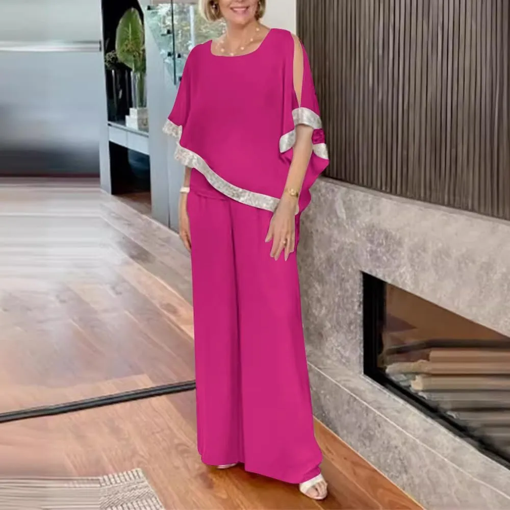 Womens 2 Piece Elegant Mother Wedding Guest Pant Suit Formal Sequin Chiffon Pantsuits