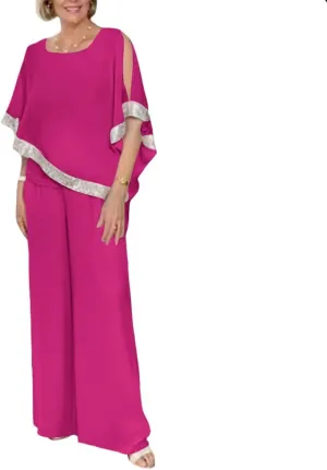 Womens 2 Piece Elegant Mother Wedding Guest Pant Suit Formal Sequin Chiffon Pantsuits