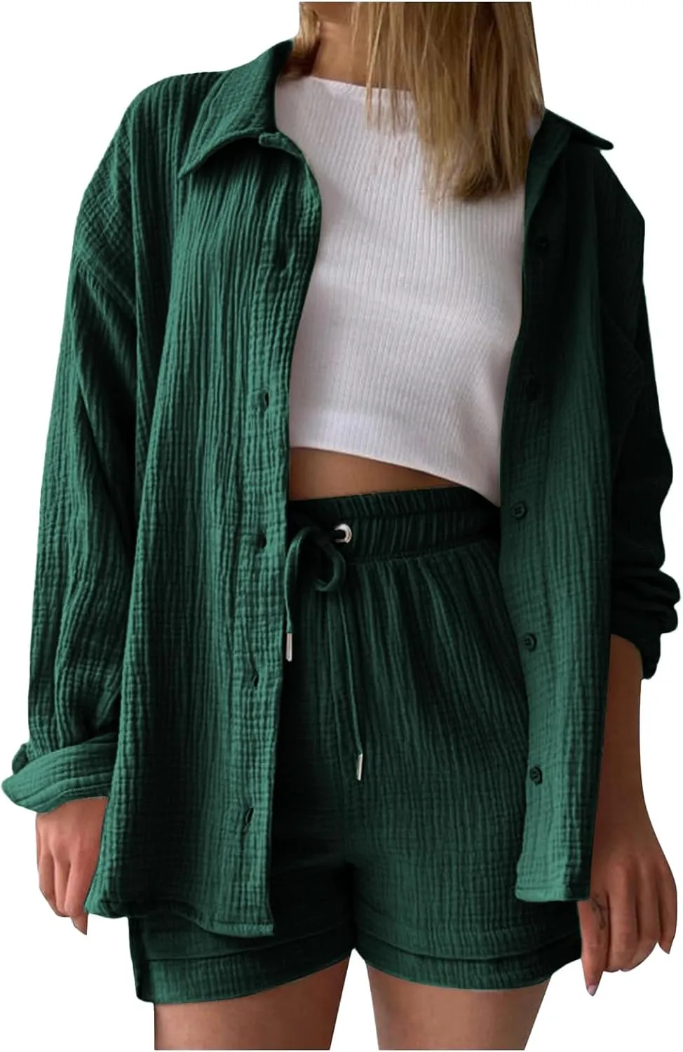 Womens 2 Piece Set Summer Linen Long Sleeve Button Shirt Drawstring Shorts Outfits Casual Breathable Beach Tracksuit