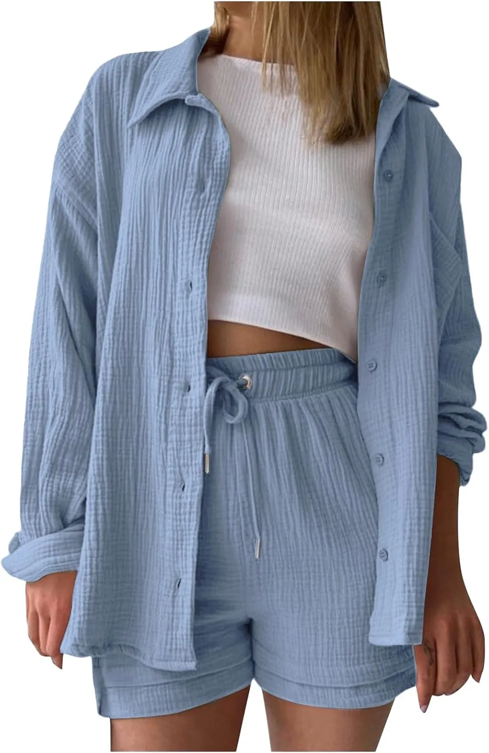 Womens 2 Piece Set Summer Linen Long Sleeve Button Shirt Drawstring Shorts Outfits Casual Breathable Beach Tracksuit