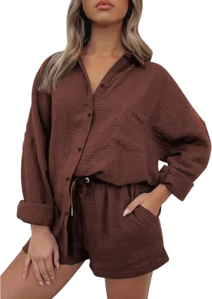 Womens 2 Piece Set Summer Linen Long Sleeve Button Shirt Drawstring Shorts Outfits Casual Breathable Beach Tracksuit
