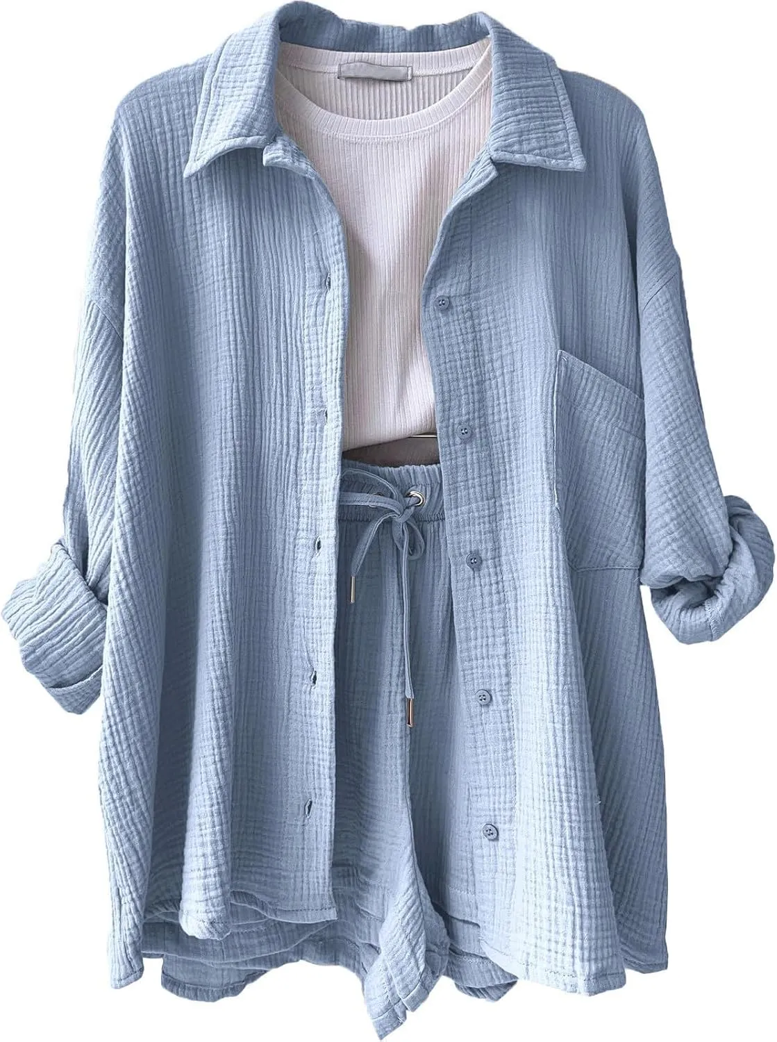 Womens 2 Piece Set Summer Linen Long Sleeve Button Shirt Drawstring Shorts Outfits Casual Breathable Beach Tracksuit