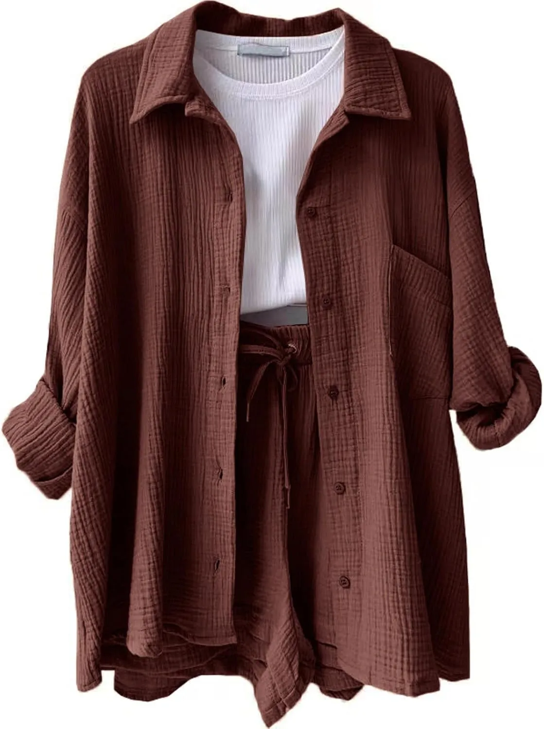 Womens 2 Piece Set Summer Linen Long Sleeve Button Shirt Drawstring Shorts Outfits Casual Breathable Beach Tracksuit