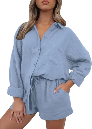 Womens 2 Piece Set Summer Linen Long Sleeve Button Shirt Drawstring Shorts Outfits Casual Breathable Beach Tracksuit