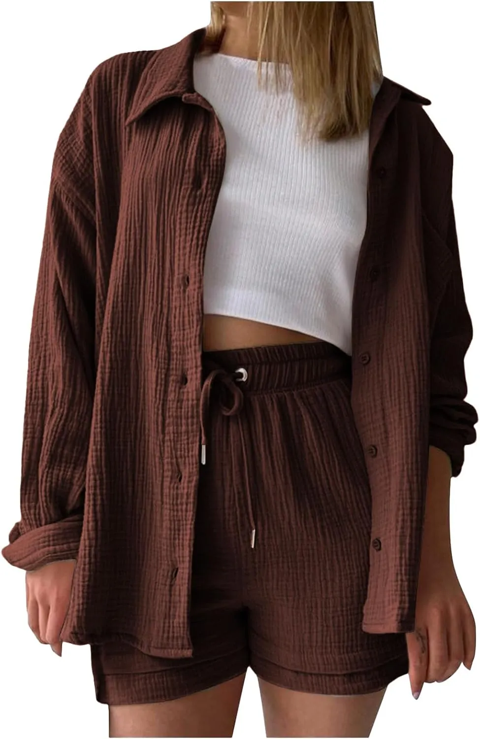 Womens 2 Piece Set Summer Linen Long Sleeve Button Shirt Drawstring Shorts Outfits Casual Breathable Beach Tracksuit