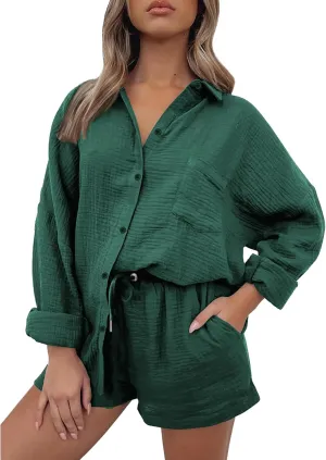 Womens 2 Piece Set Summer Linen Long Sleeve Button Shirt Drawstring Shorts Outfits Casual Breathable Beach Tracksuit